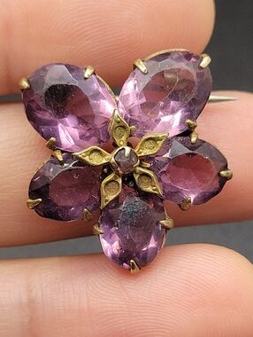 Antique Victorian Purple Paste Flower Brooch — 1880s–1910s Brass Five-Petal Pin